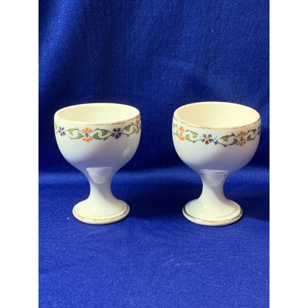 Porcelain Pair of Egg Cups Cream Color Orange and Green Design